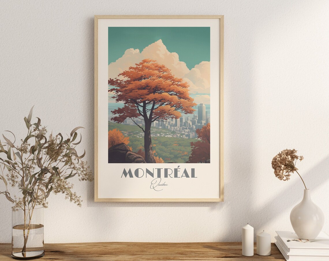 Montreal Mont Royal Viewpoint Autumn Cityscape Vintage Travel Poster