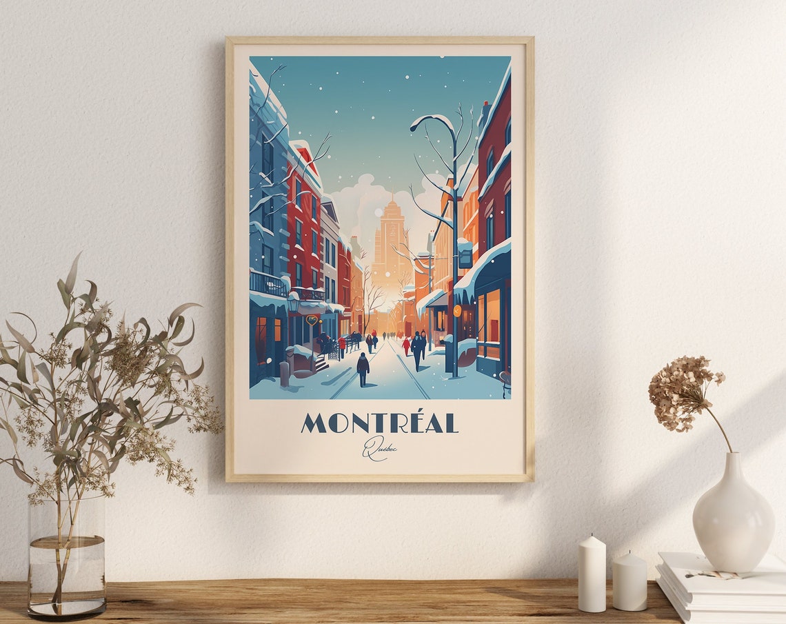 Montréal Quebec Snowy Street Vintage Winter Cityscape Travel Poster