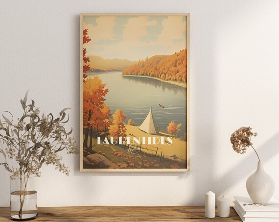Laurentides Québec Autumn Lake Tent Camping Vintage Travel Poster