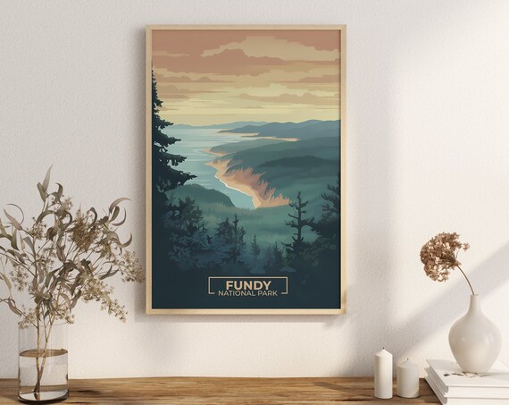 Fundy National Park New Brunswick Coastal Forest Sunset Travel Poster