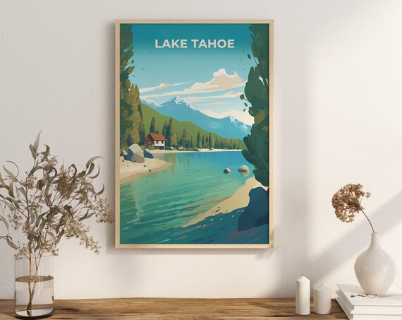 Lake Tahoe Vintage Sandy Beach Cabin Mountain Lake Travel Poster