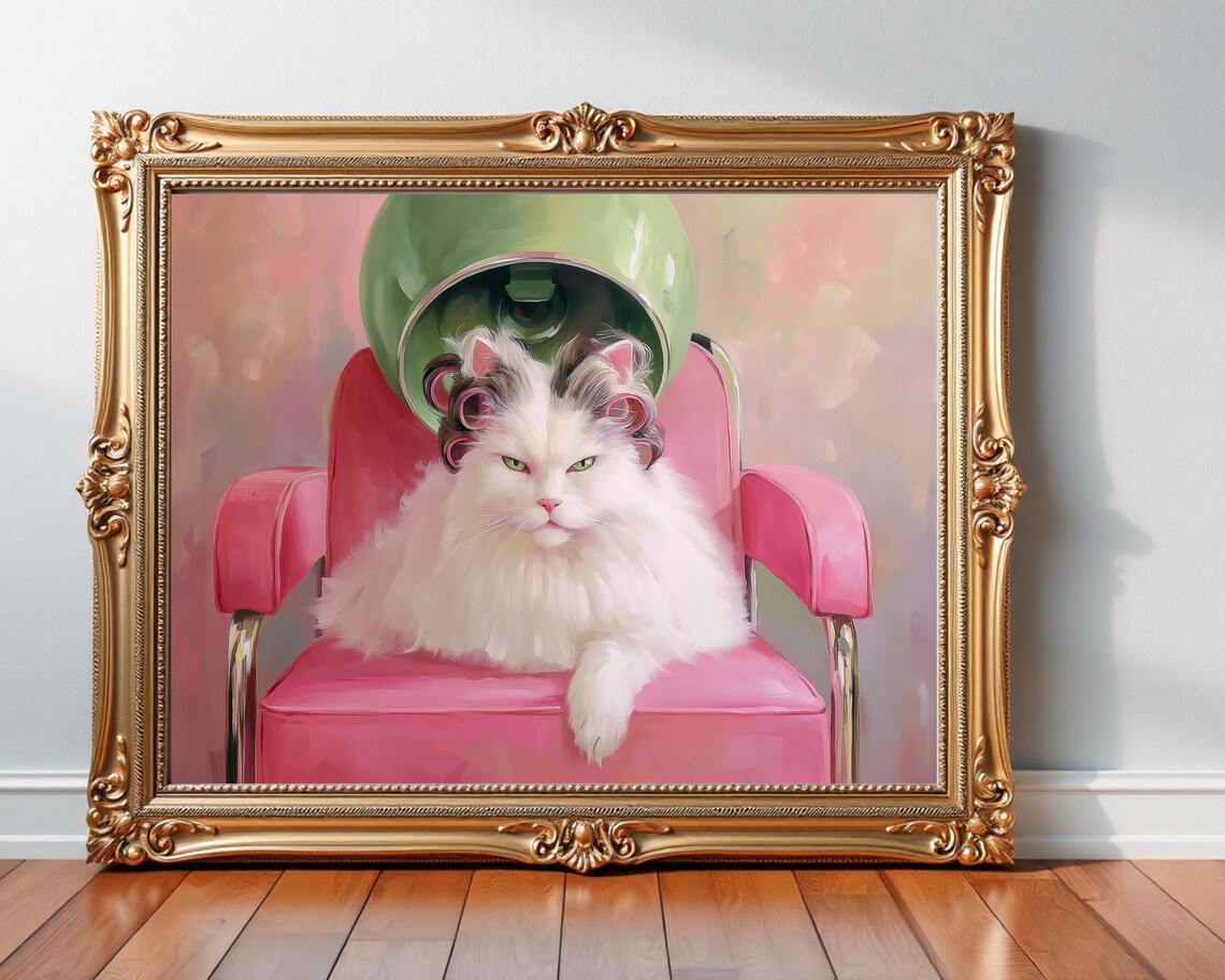Vintage Glam Cat Salon Hair Dryer Pink Chair Sassy Feline Poster