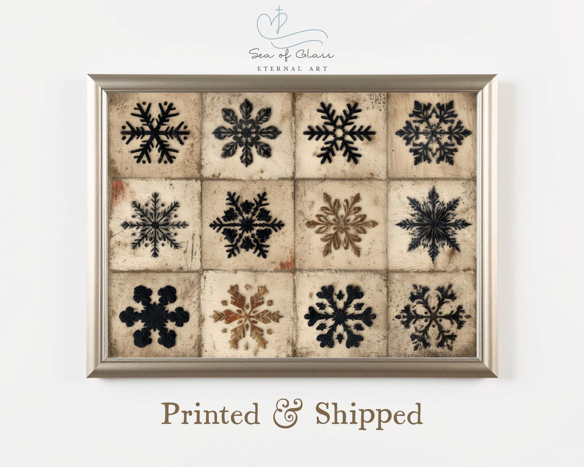 Rustic Snowflake Tiles Grid Poster Twelve Black Winter Farmhouse Art