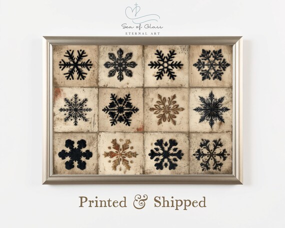 Rustic Snowflake Tiles Grid Poster Twelve Black Winter Farmhouse Art