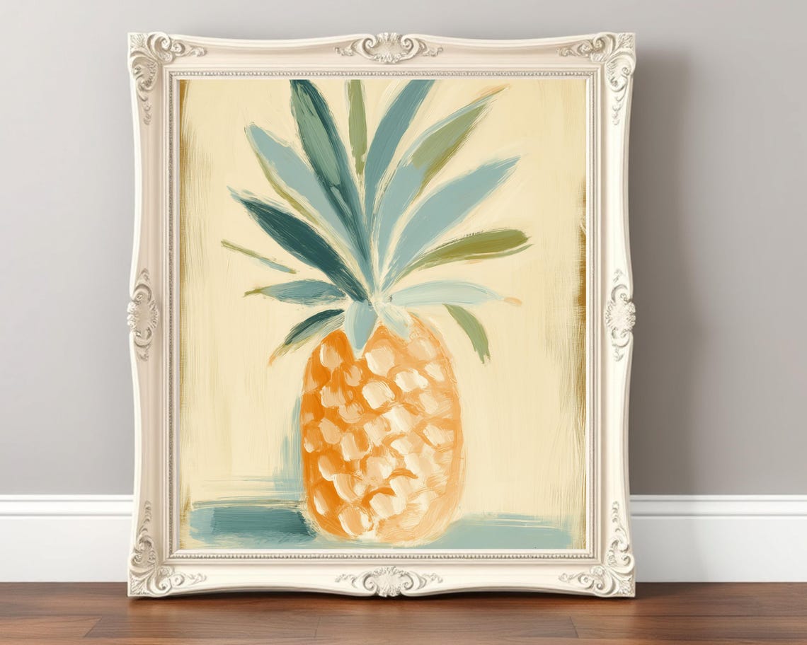 Pineapple Painting with Teal Leaves Cream Tropical Kitchen Art Poster