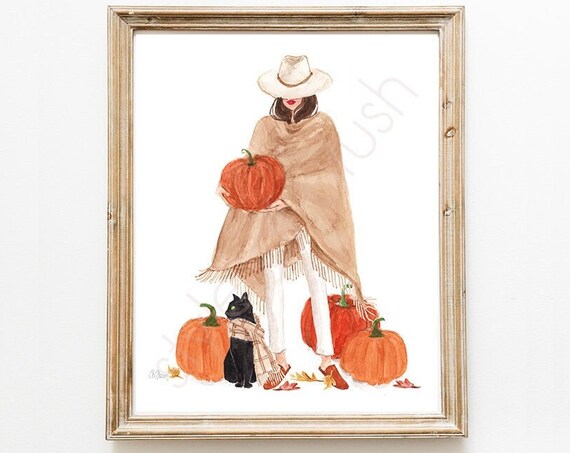 Fall Fashion Girl with Black Cat Pumpkins Fedora Tan Poncho Poster