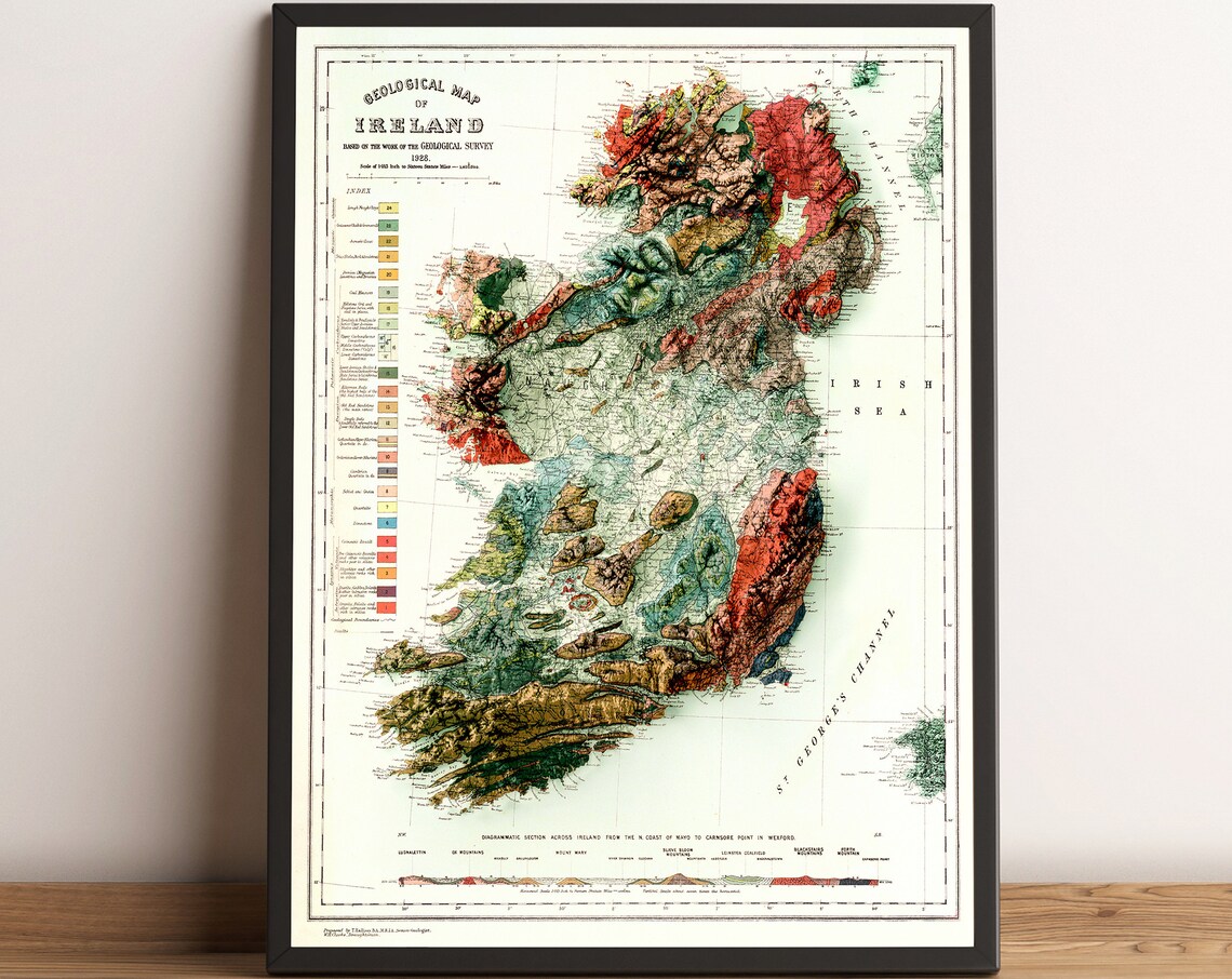 Geological Map Of Ireland 1920 Colorful Relief Cartography Poster