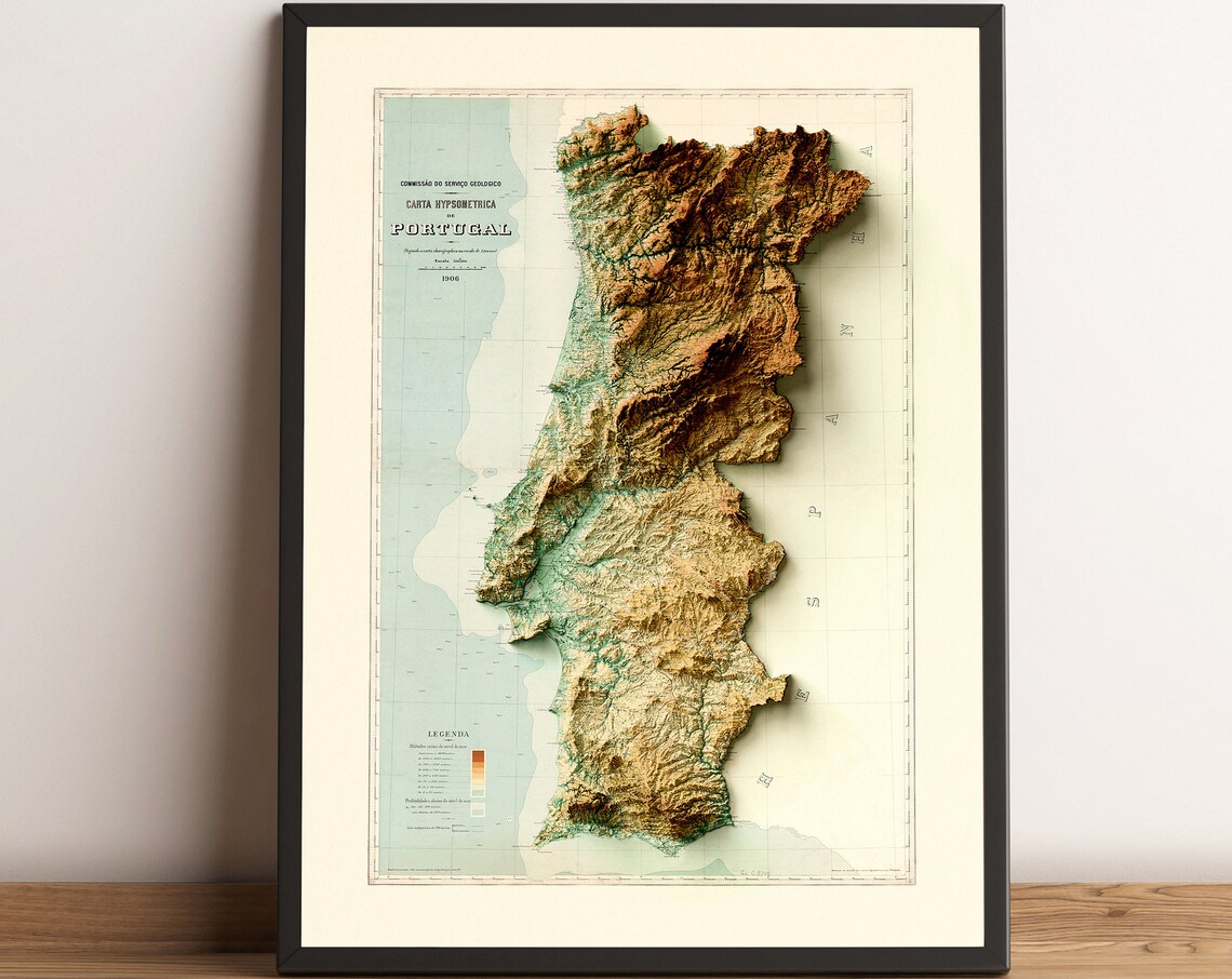 Portugal 1896 Carta Hypsometrica Brown Relief Topographic Wall Art