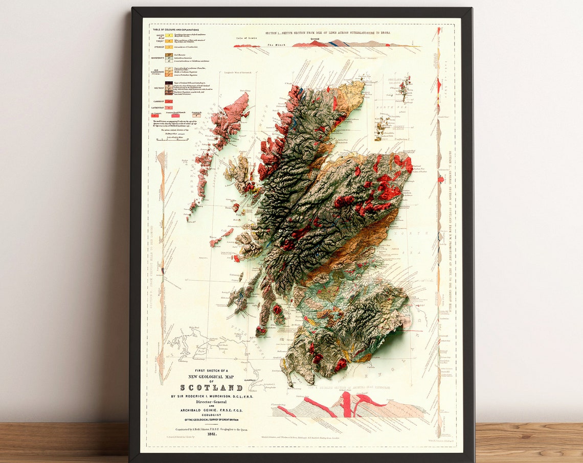 First Sketch Geological Map Scotland 1861 Vintage Relief Poster