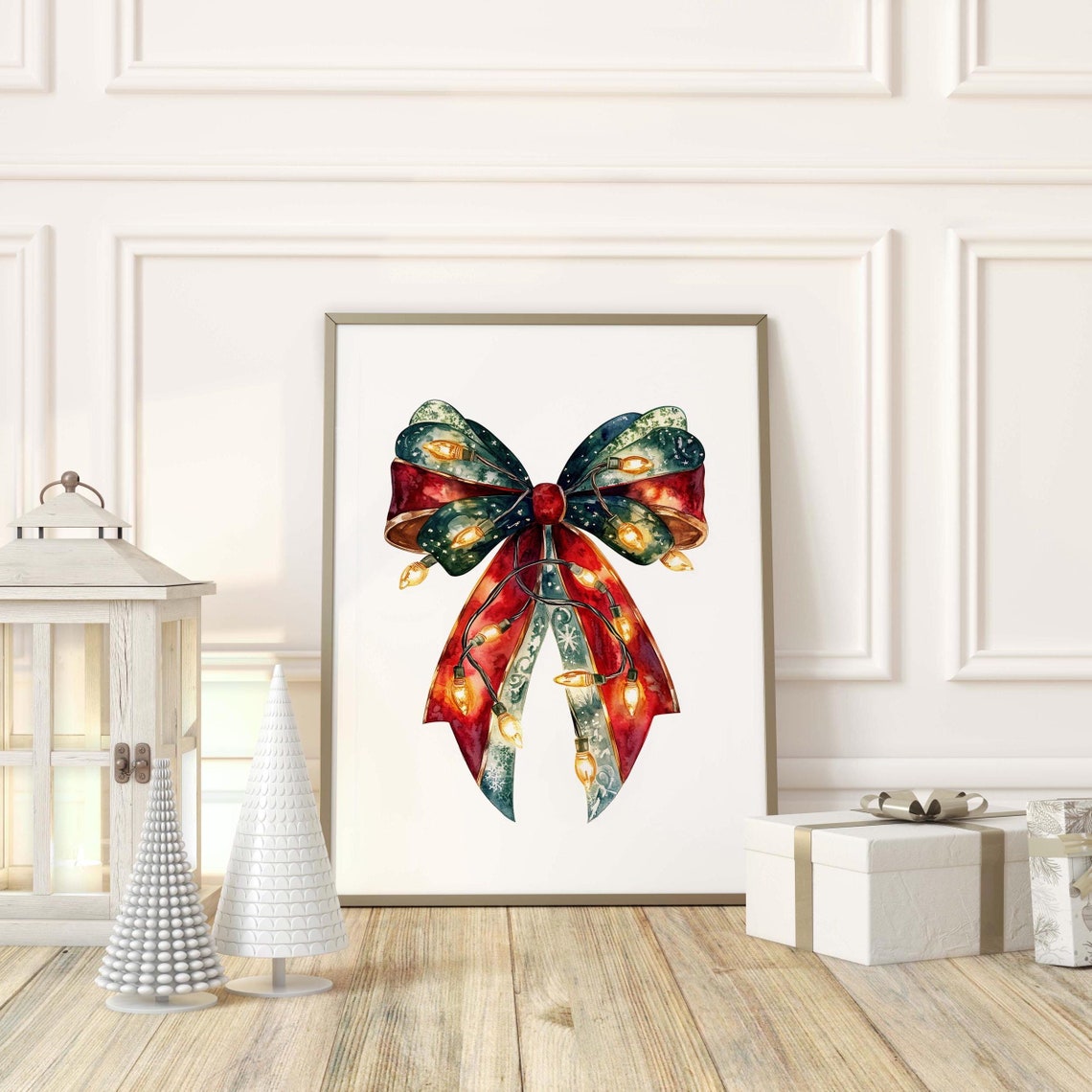 Watercolor Christmas Bow With String Lights Red Ribbon Holiday Poster