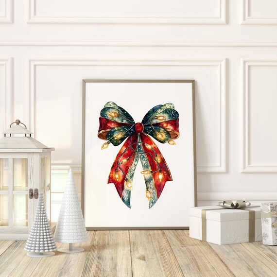 Coquette Christmas Bow Print Girly Christmas Ribbon With Lights Trendy Red Green Christmas Print Cute Seasonal Wall Decor