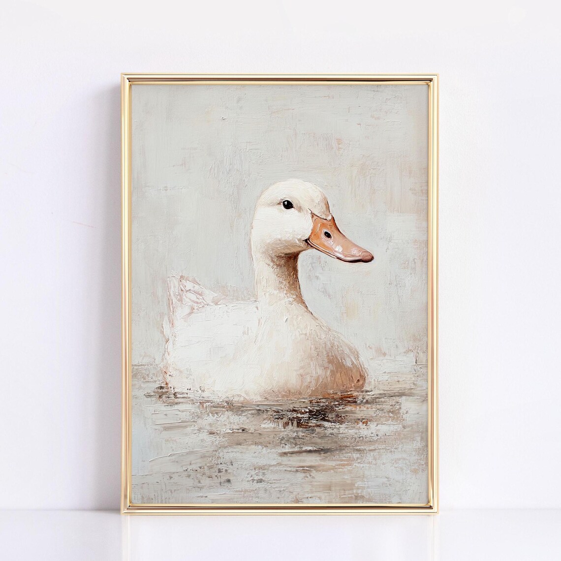 Elegant White Duck Swimming Portrait in Soft Neutral Tones Poster