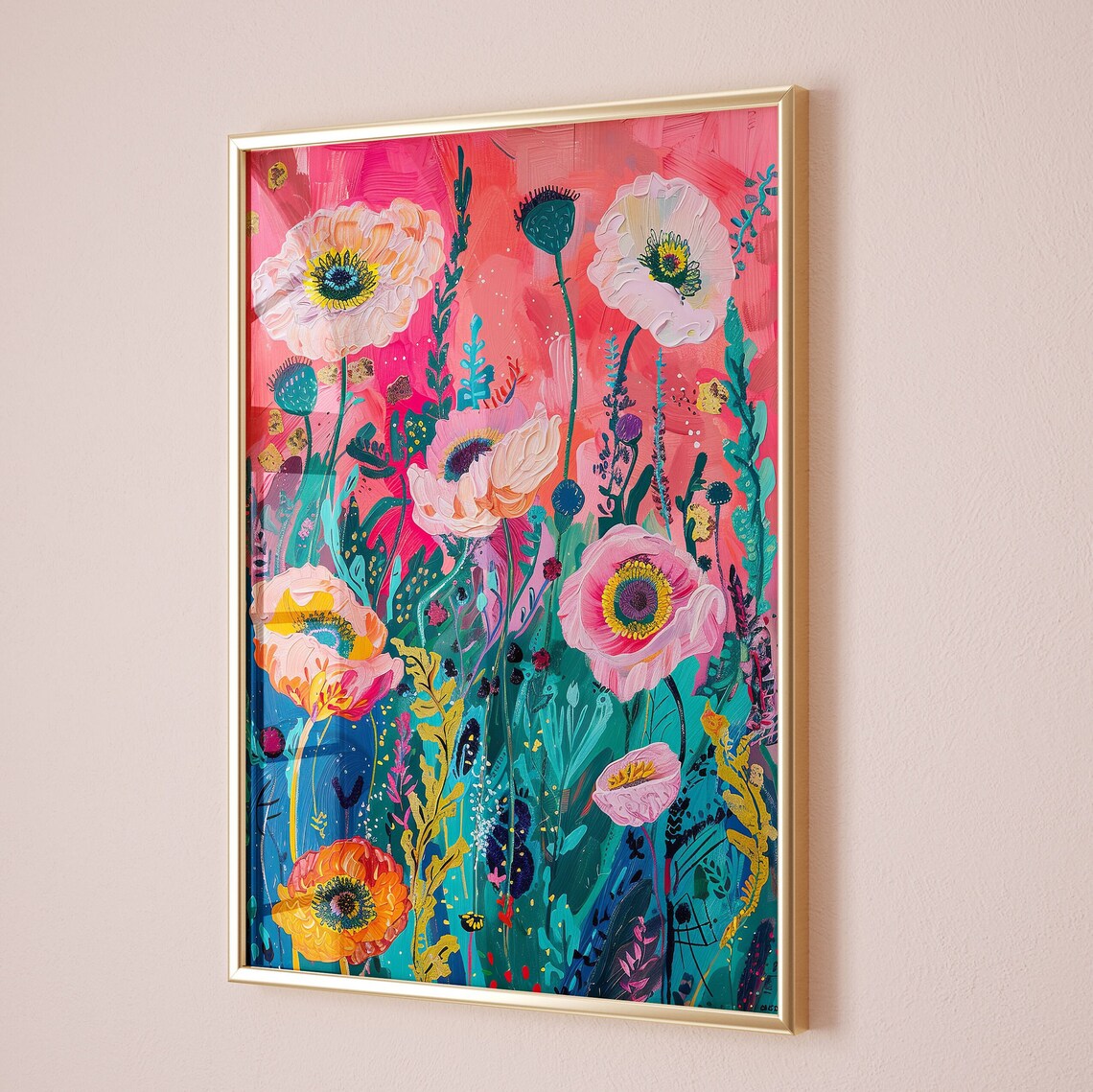 Pink Poppy Wildflower Field Vibrant Impasto Floral Painting Art Poster