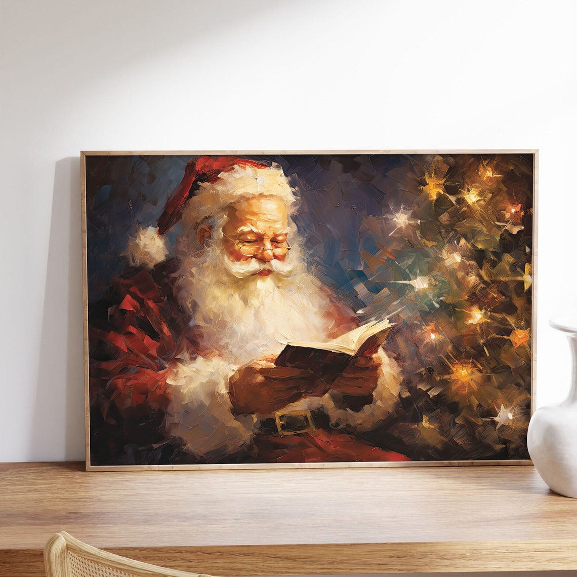 Santa Reading By Christmas Tree Vintage Oil Painting Holiday Poster