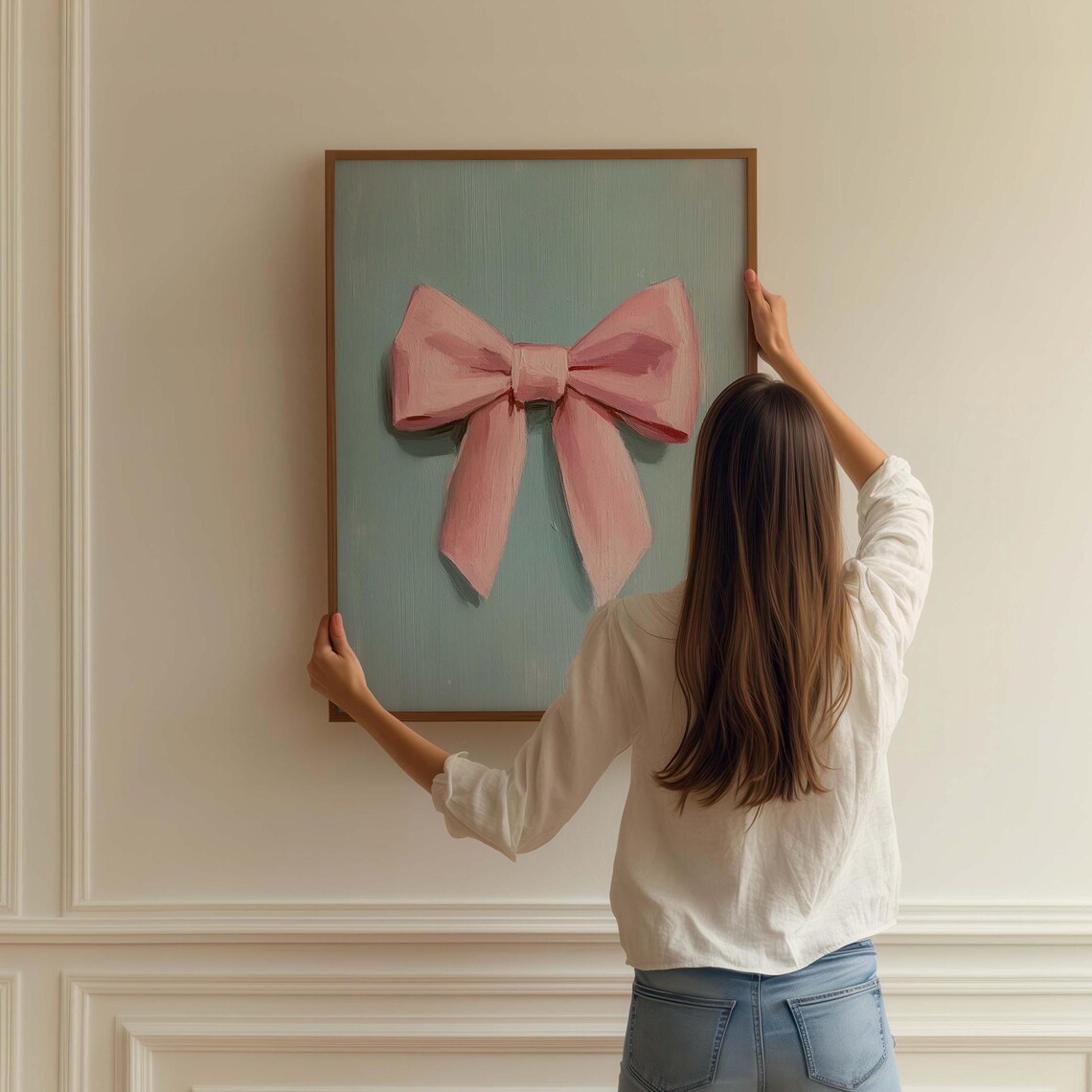 Pink Bow Oil Painting on Teal Background Coquette Preppy Poster - Image 2