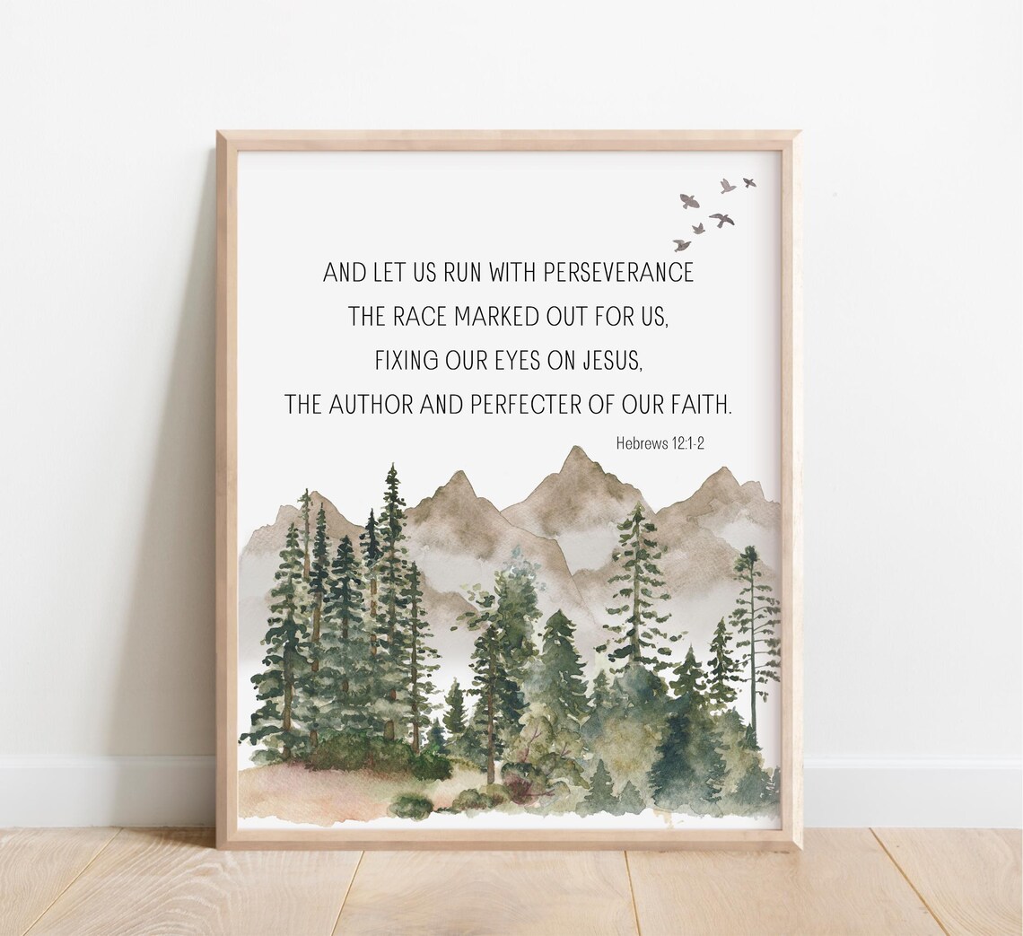 Hebrews 1212 Let Us Run The Race With Perseverance Bible Verse Wall Art Scripture Print Christian Gift Watercolor Mountain Wilderness