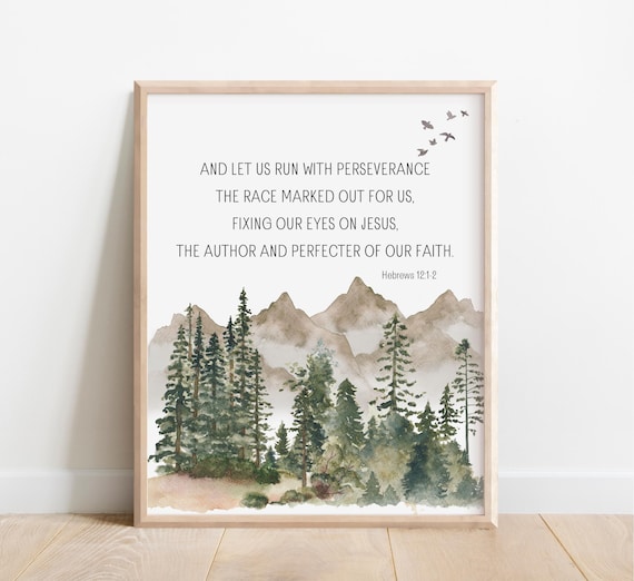 Hebrews 1212 Let Us Run The Race With Perseverance Bible Verse Wall Art Scripture Print Christian Gift Watercolor Mountain Wilderness