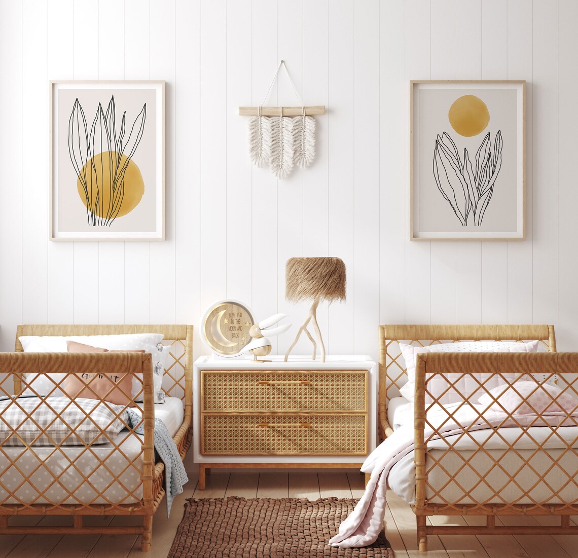 Beige Botanical Line Art Set of 2 Mustard Gold Sun Leaf Wall Art - Image 2