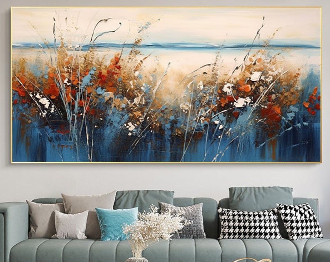 Abstract Blue Red Wildflower Field by the Water Painting Poster