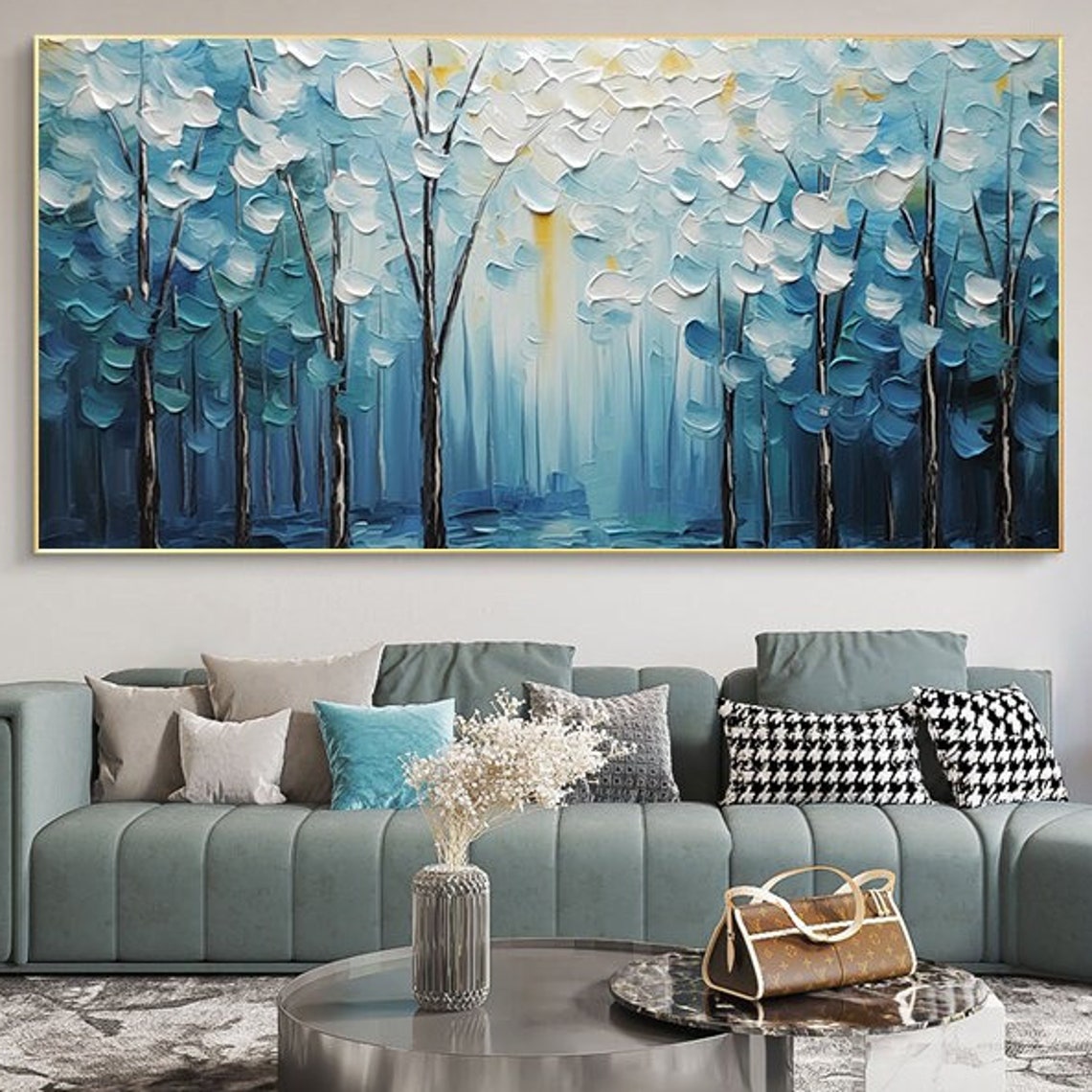 Serene Blue Forest Of Impasto Trees With Pale Treetops Poster
