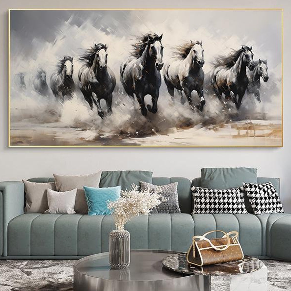 Wild Horses Running Through Mist Monochrome Herd Painting Poster