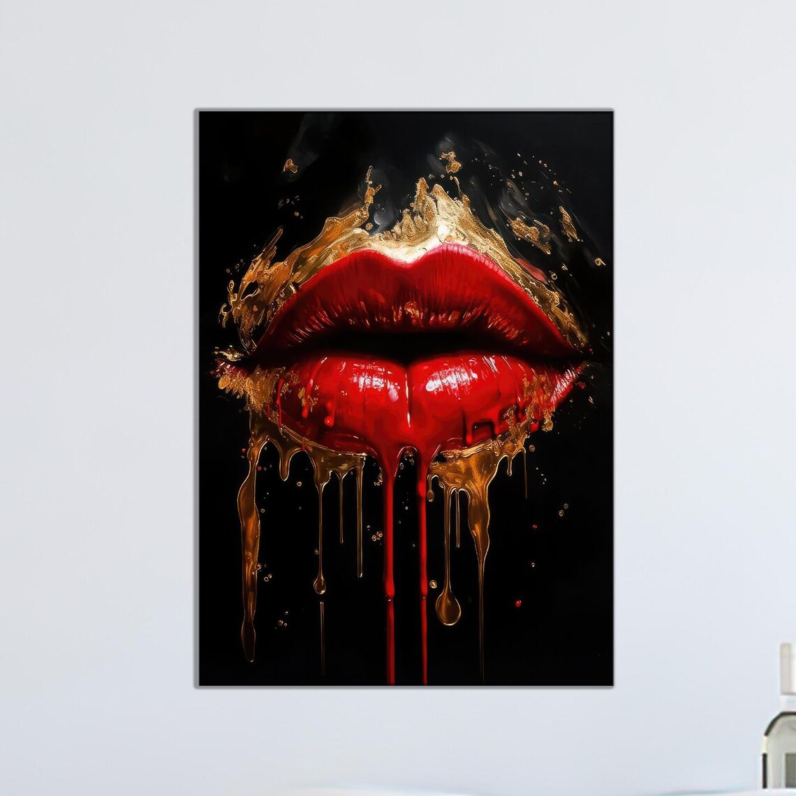 Red Lips Dripping Gold Glam Pop Fashion Art Print