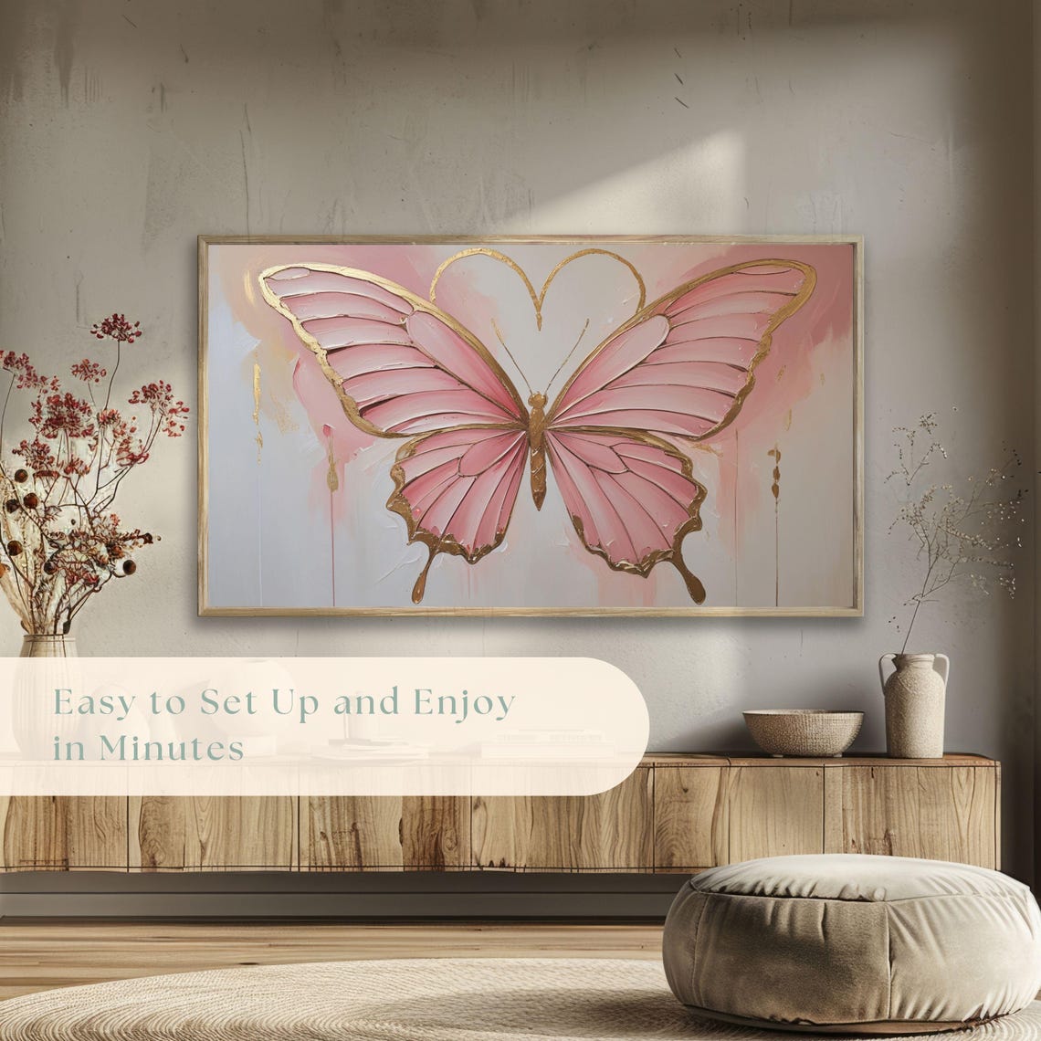 Pink Butterfly Gold Outline Romantic Textured Painting Poster - Image 5