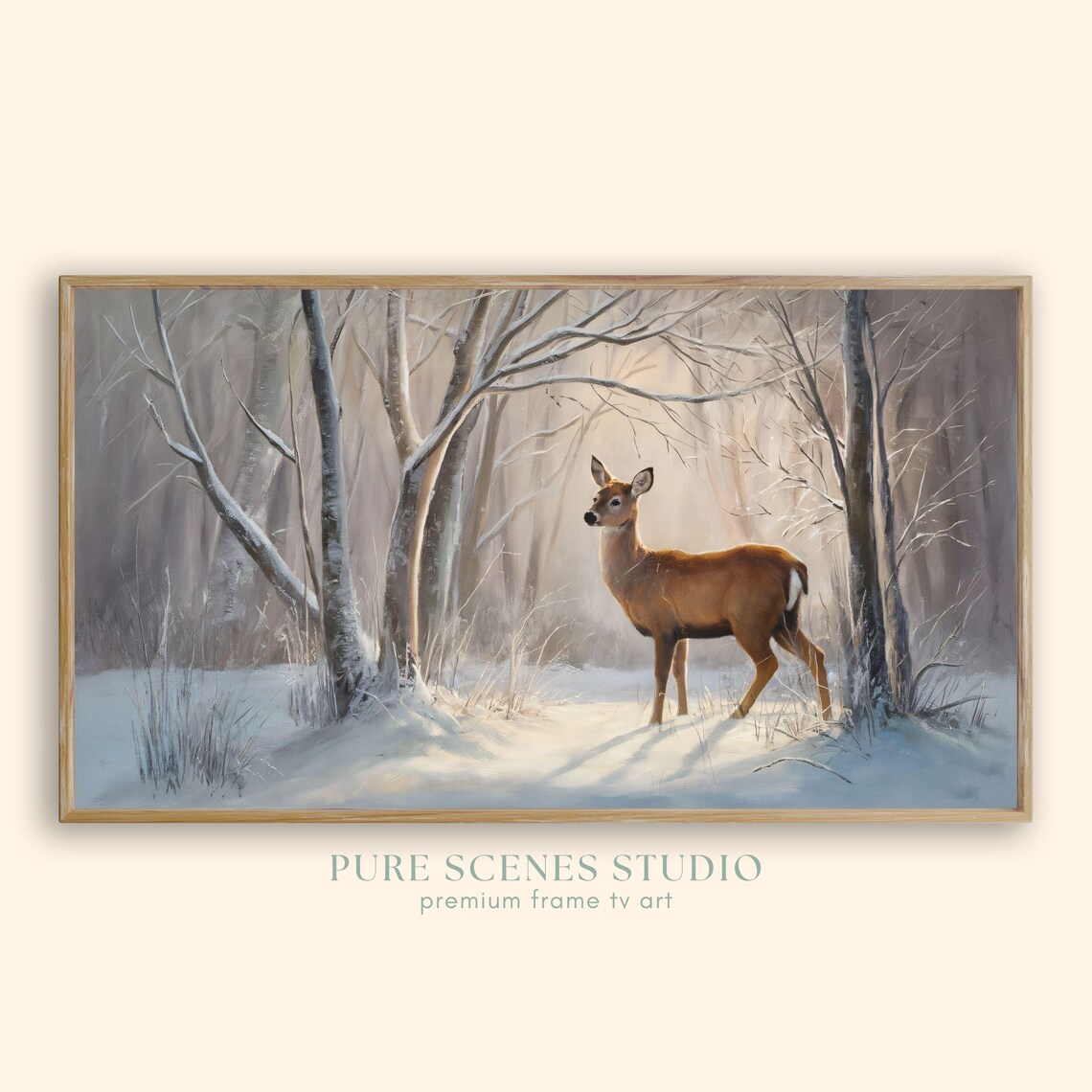 White Tailed Doe Snowy Birch Forest Morning Light Vintage Painting Poster