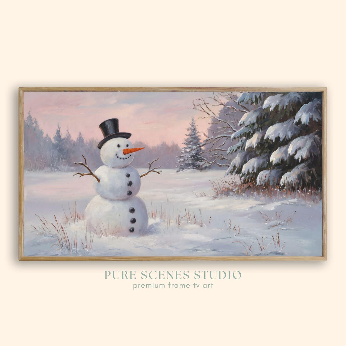 Snowman Top Hat Pink Dusk Snowy Winter Forest Painting Poster