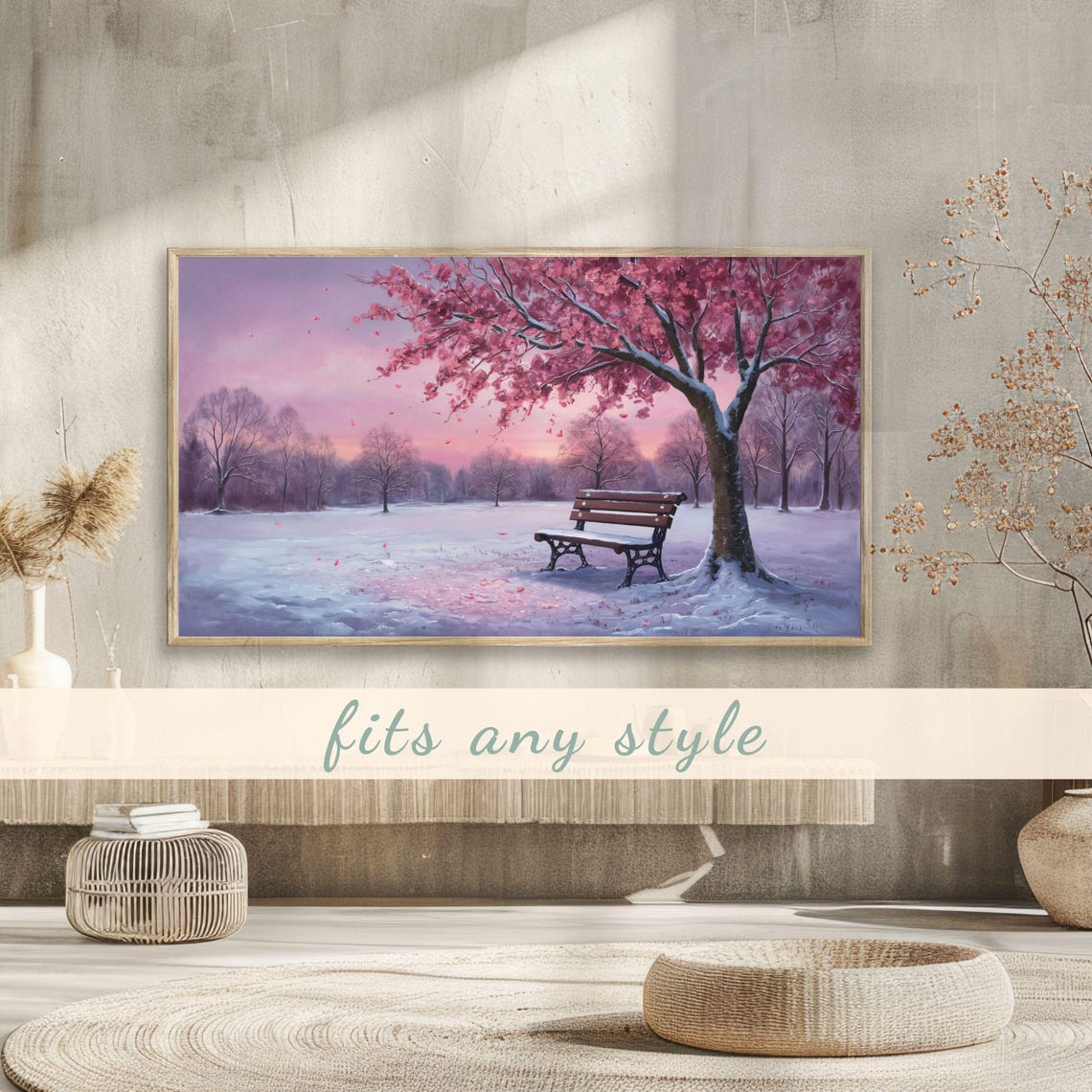 Snowy Park Bench Pink Blossom Tree Winter Dusk Painting Poster - Image 3