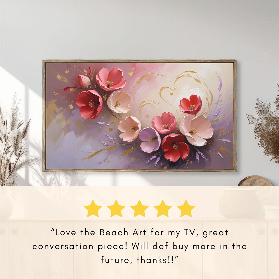 Pink Red Blossoms Gold Swirl Romantic Floral Painting Poster - Image 2