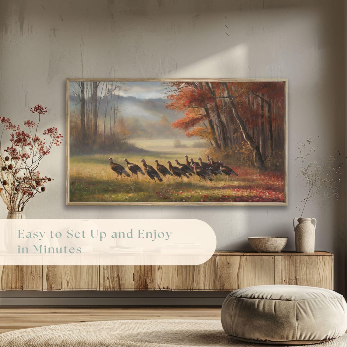 Wild Turkey Flock Autumn Meadow Fall Foliage Painting Poster - Image 5