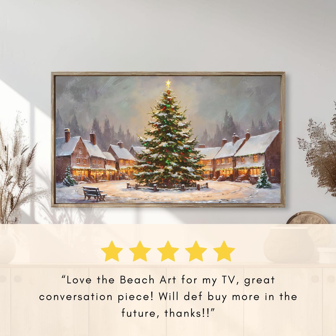 Village Square Christmas Tree Star Topper Snowy Cottages Night Poster - Image 2