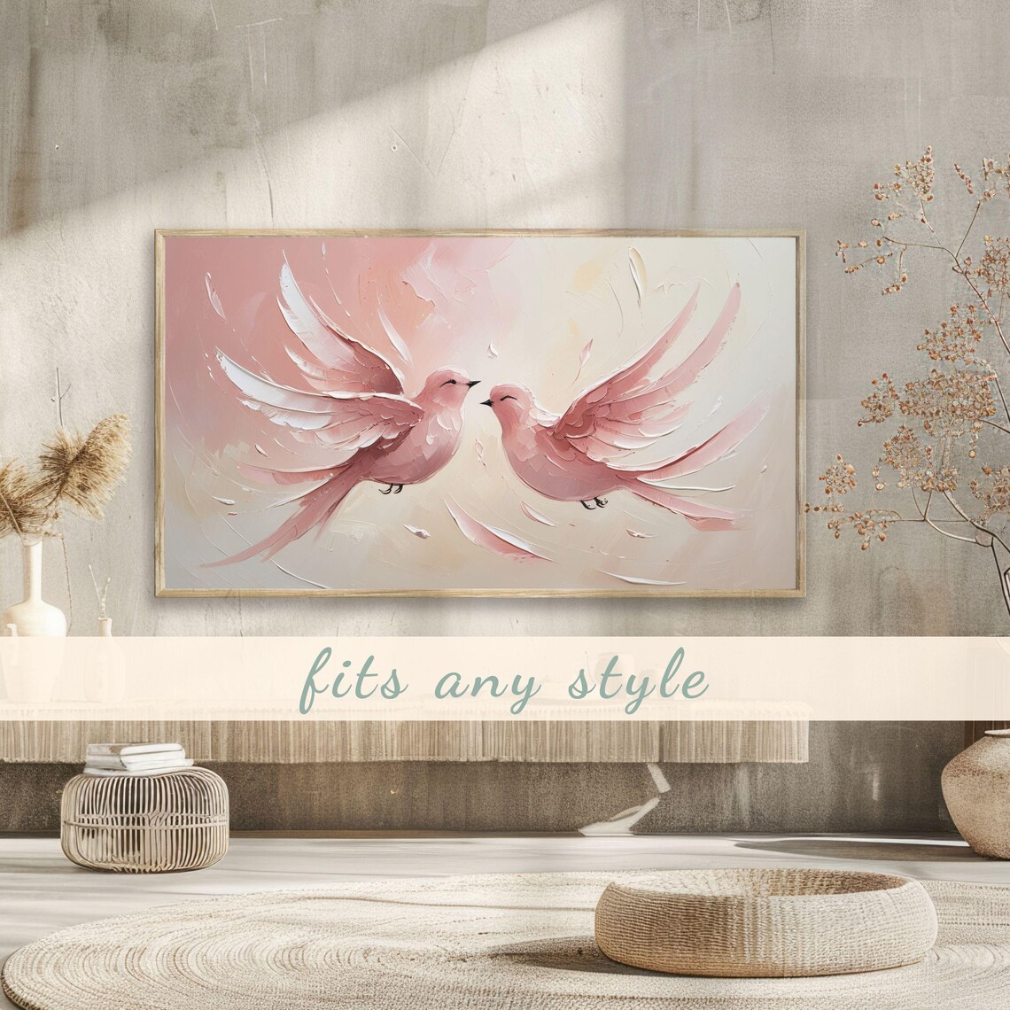 Pink Lovebirds Textured Impasto Blush Romantic Painting Poster - Image 3