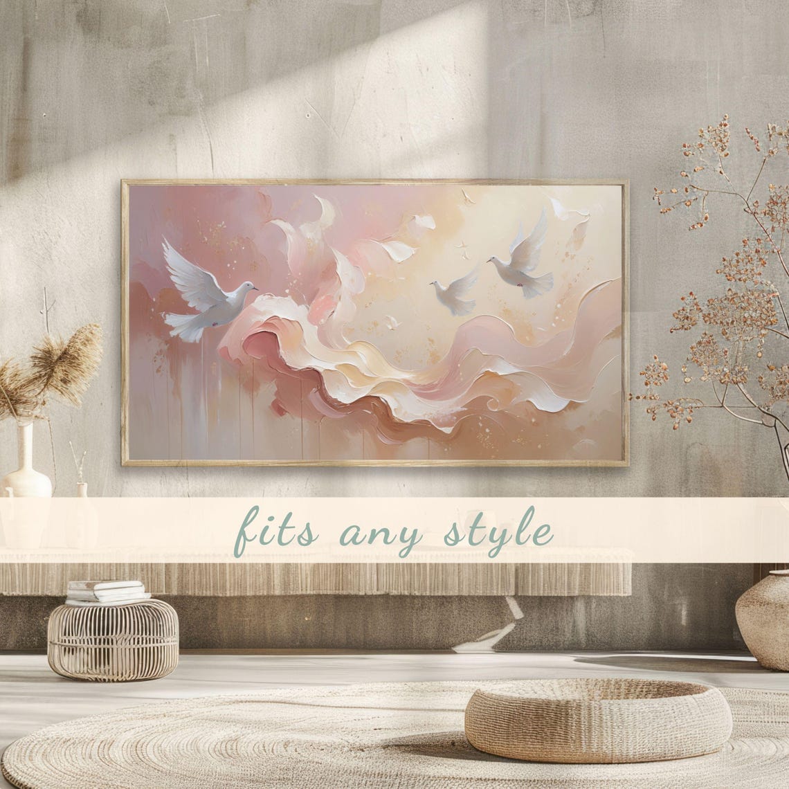 White Doves Pastel Abstract Waves Romantic Wedding Painting Poster - Image 3