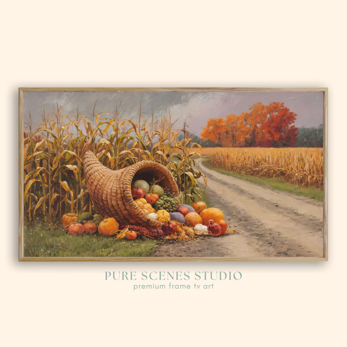 Cornucopia of Harvest Produce by Dirt Road Golden Cornfield Poster