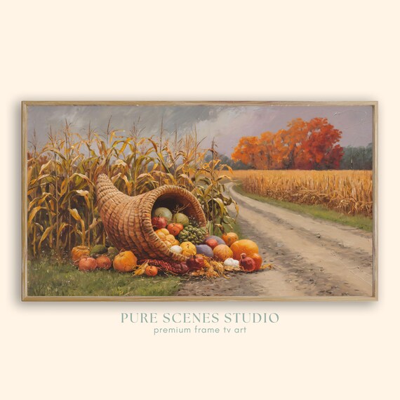Cornucopia of Harvest Produce by Dirt Road Golden Cornfield Poster