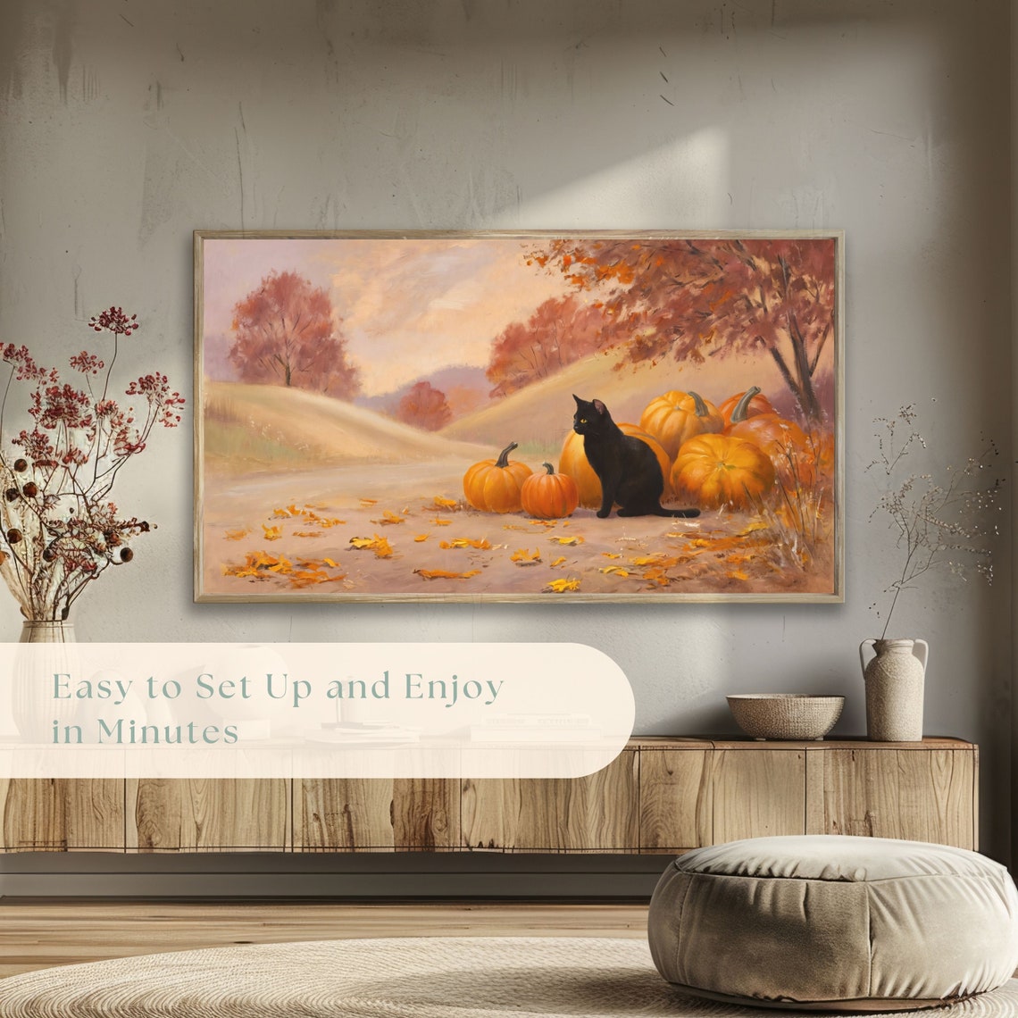 Black Cat Among Pumpkins on Autumn Country Road Cozy Fall Poster - Image 5
