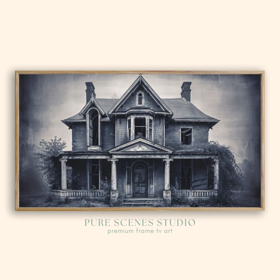 Abandoned Victorian House Spooky Grayscale Haunted Night Poster