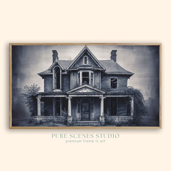 Abandoned Victorian House Spooky Grayscale Haunted Night Poster