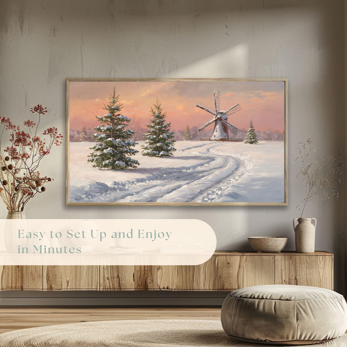 Snowy Windmill Among Frosted Pines Pink Sunset Winter Landscape Poster - Image 5