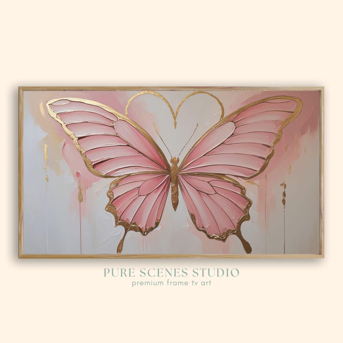 Pink Butterfly Gold Outline Romantic Textured Painting Poster