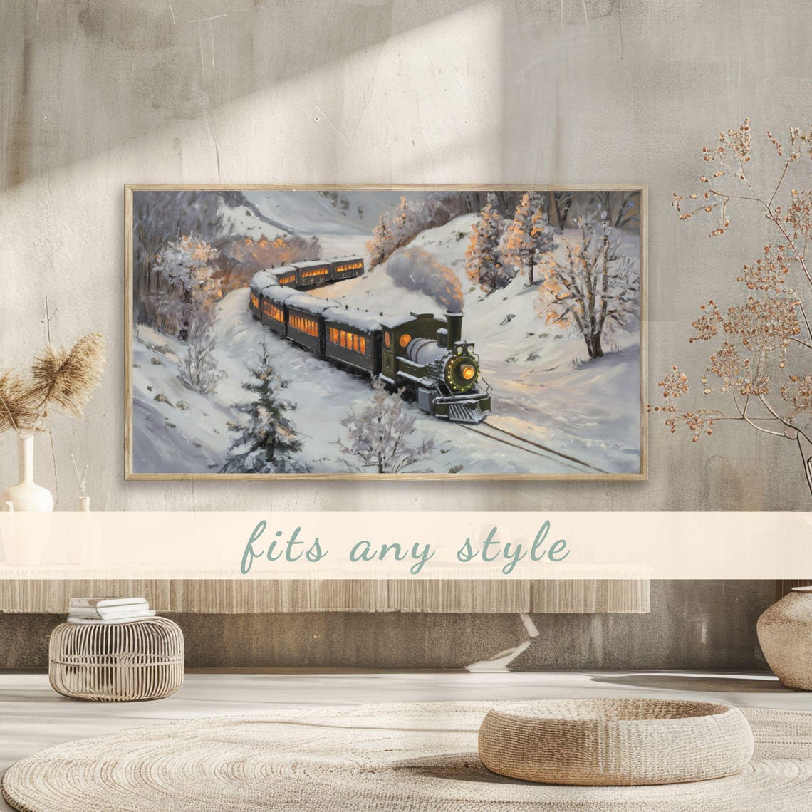 Steam Locomotive With Glowing Windows Snowy Hills Dusk Journey Poster - Image 3