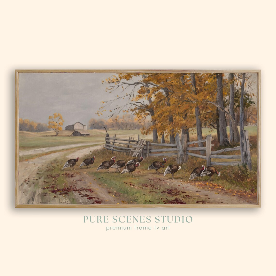 Wild Turkeys Crossing Country Road By Wooden Fence Autumn Farm Poster