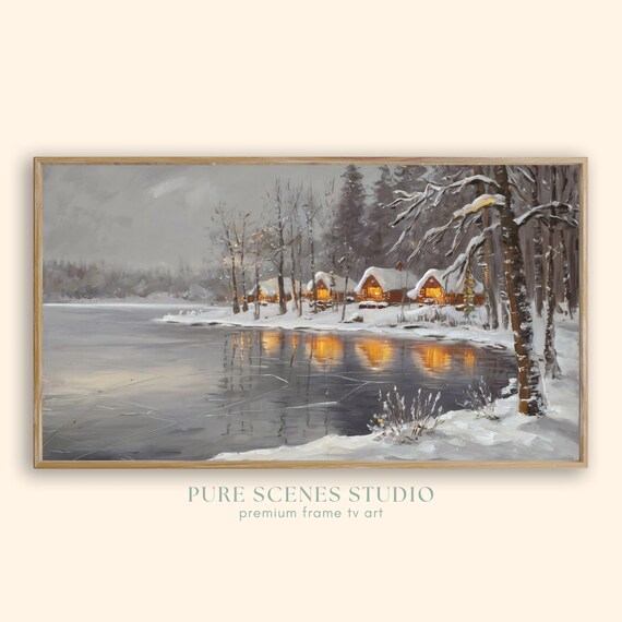 Snowy Lakeside Cabins Golden Lights Cozy Winter Painting Poster