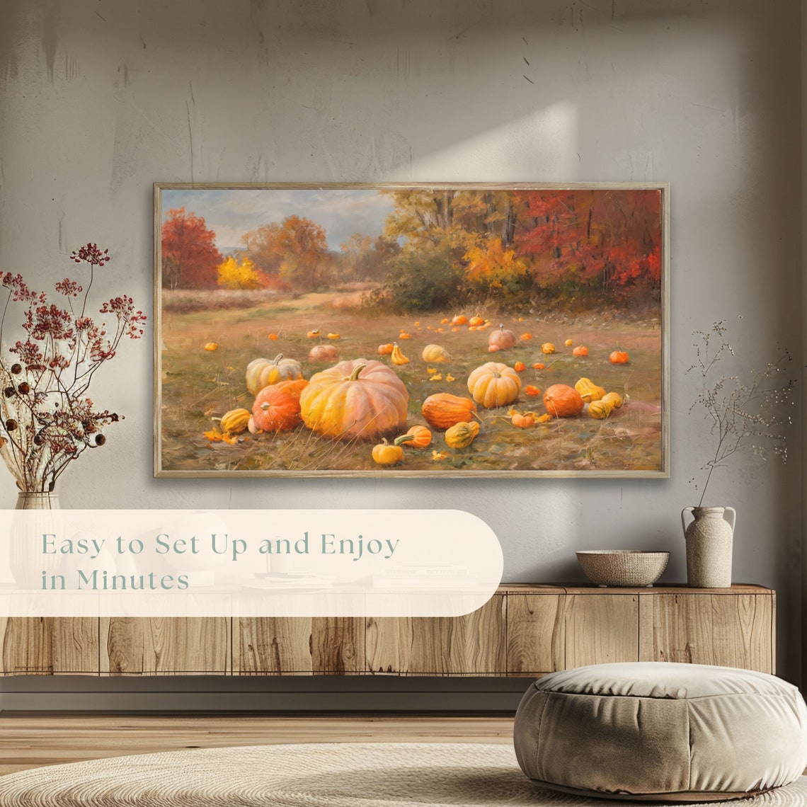 Countryside Field Scattered with Pumpkins Gourds Autumn Trees Poster - Image 5
