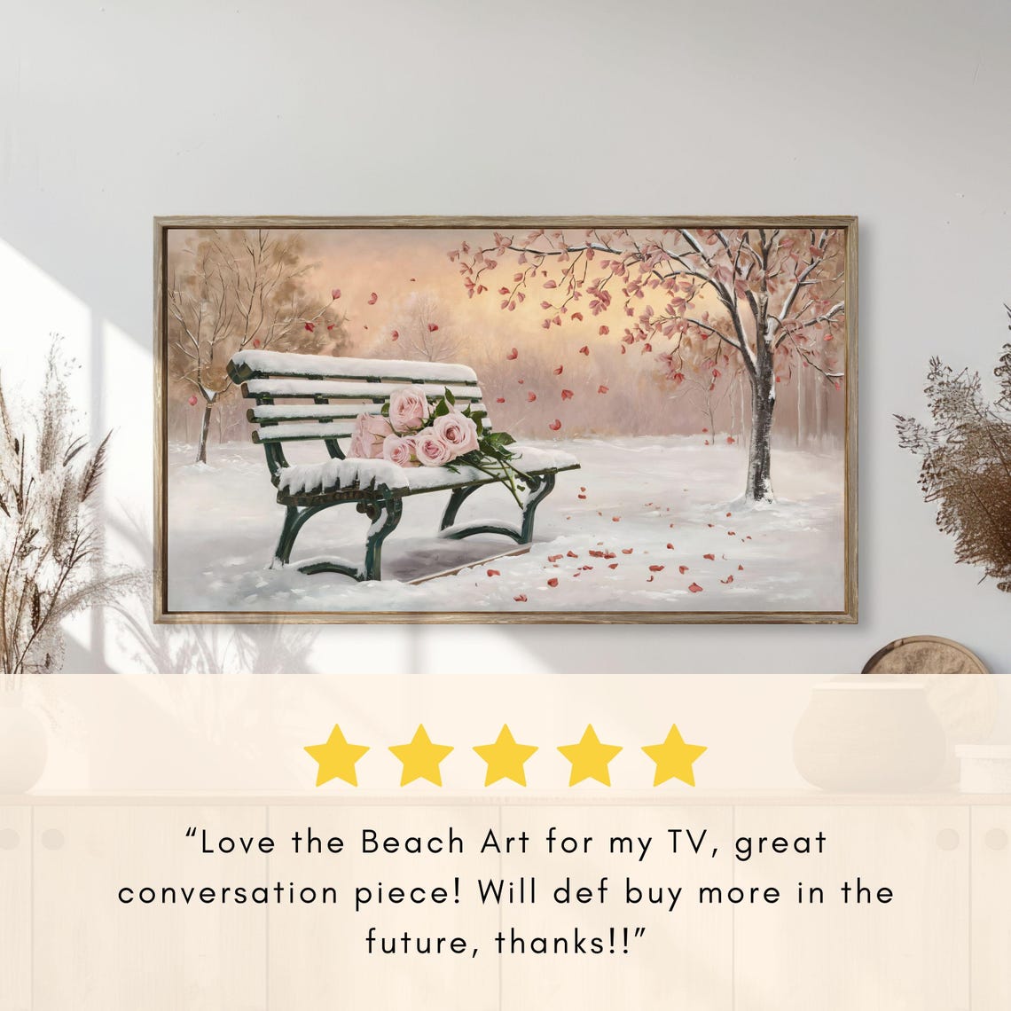 Snowy Park Bench Pink Roses Falling Petals Romantic Painting Poster - Image 2