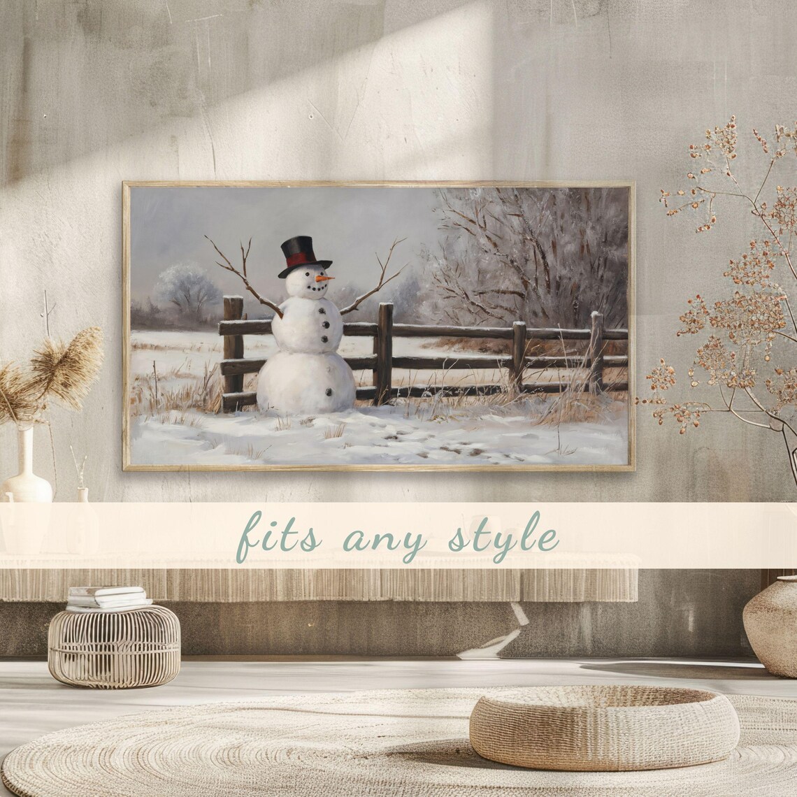 Cheerful Snowman In Top Hat By Snowy Fence Winter Painting Poster - Image 3
