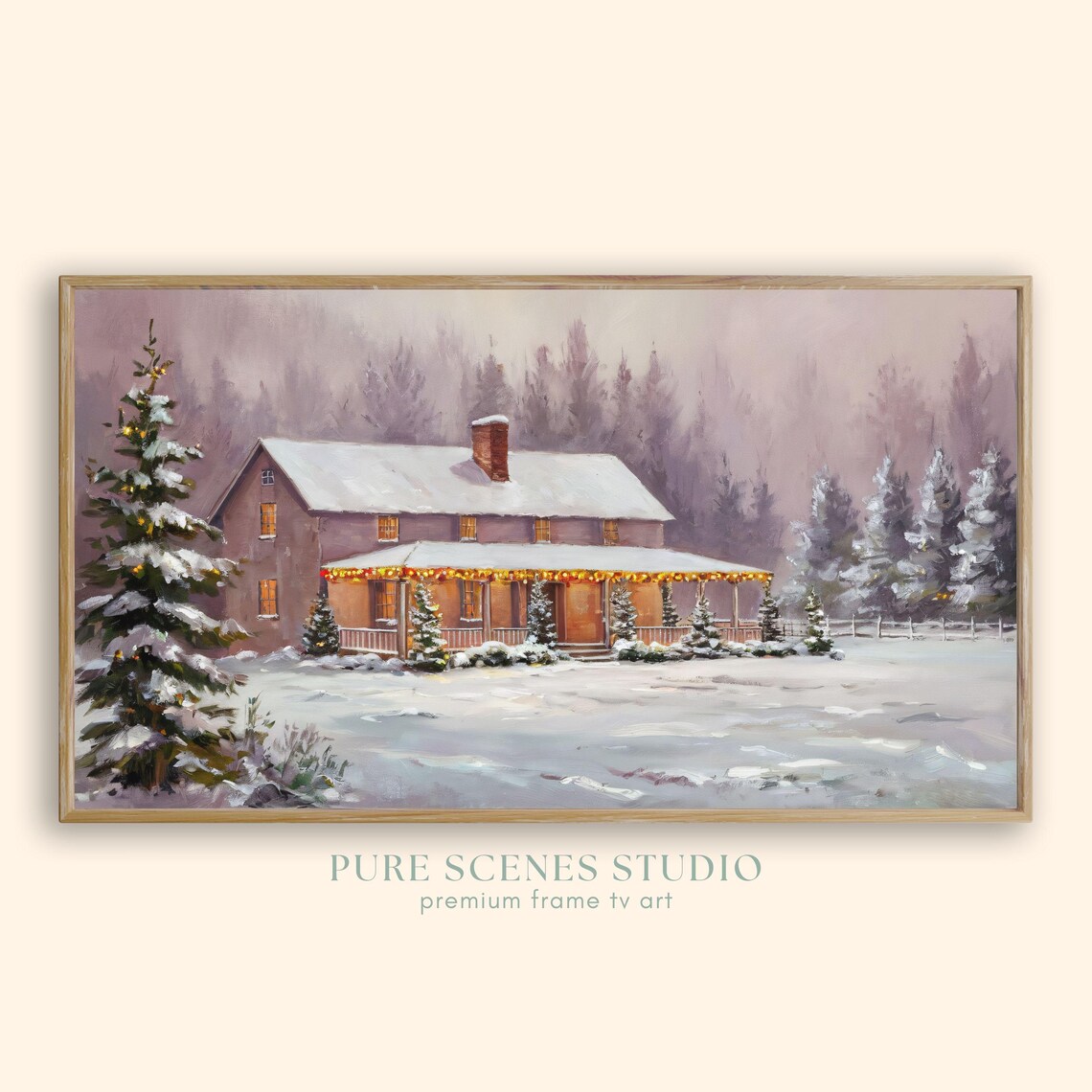 Farmhouse Porch Wrapped In Christmas Lights Snowy Night Vintage Poster