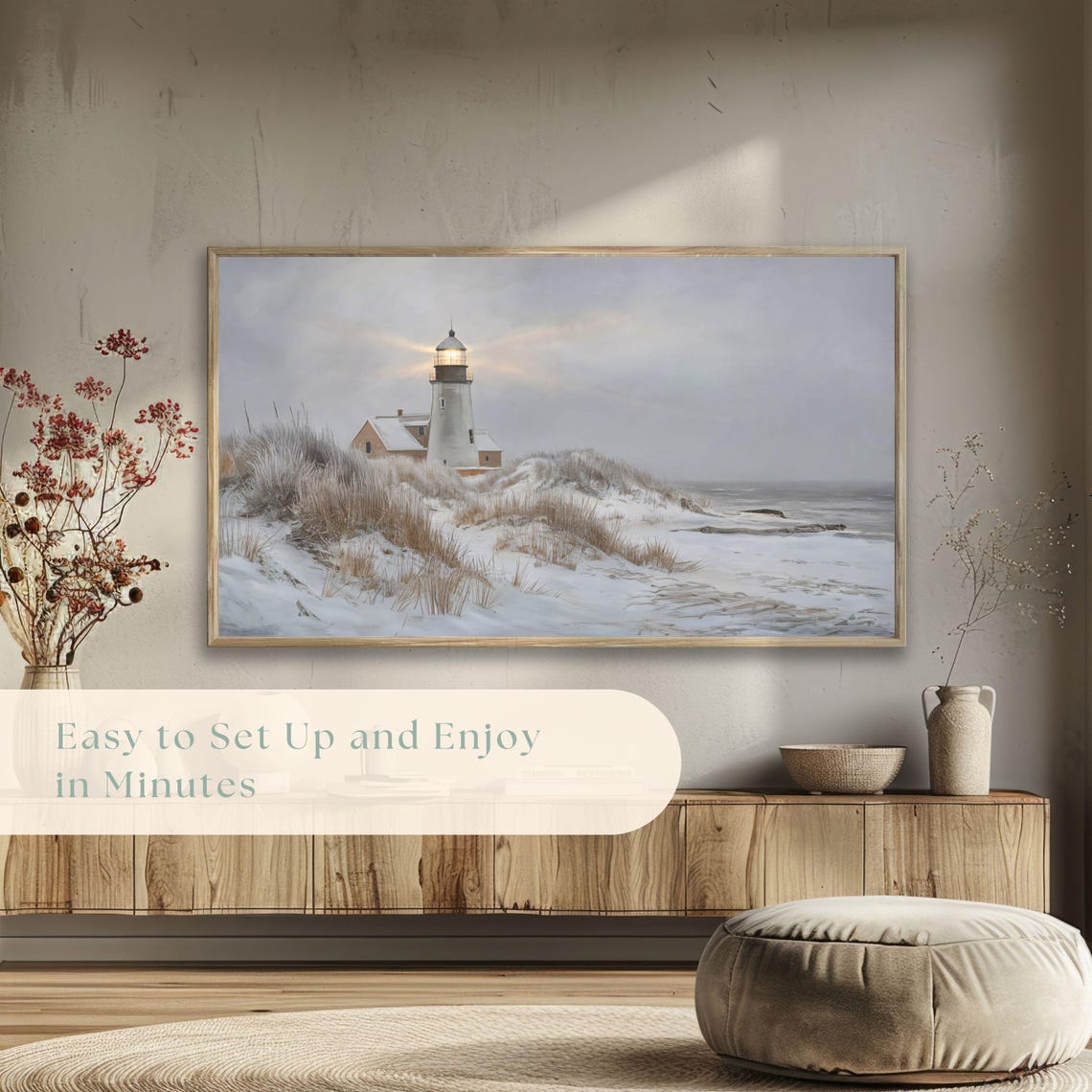 Snowy Lighthouse Sand Dunes Winter Peaceful Coastal Painting Poster - Image 5